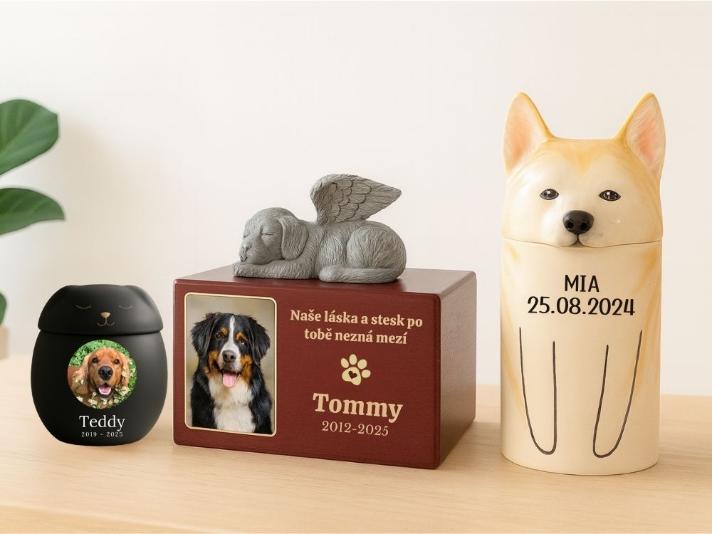 Tři urny se jmény Teddy, Tommy a Kobe na stole, které ukazují různé styly a velikosti uren na popel mazlíčka.